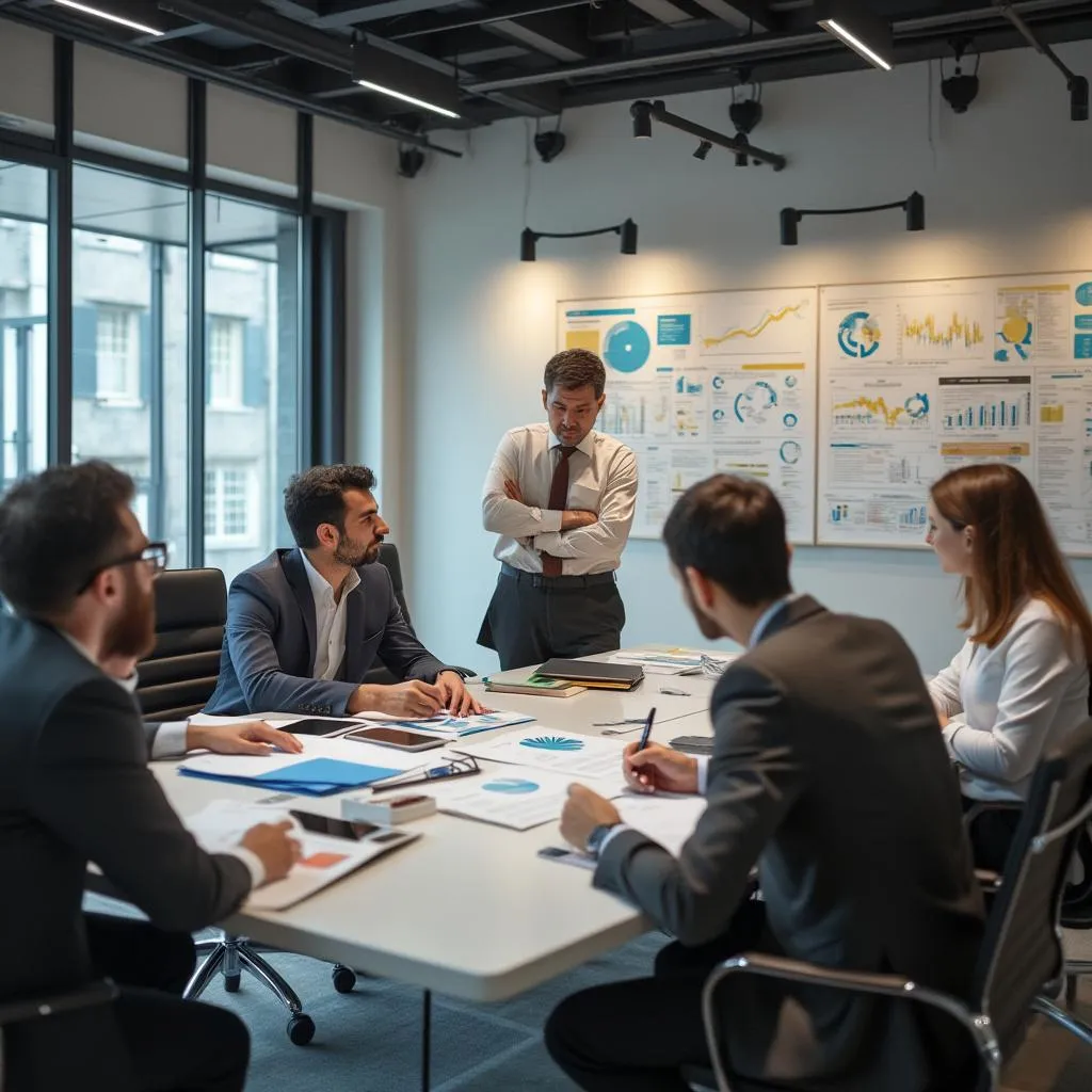 Equipo de consultores discutiendo estrategia empresarial